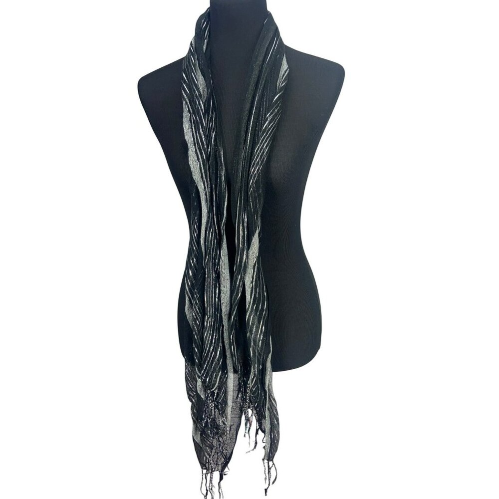 Black and Metallic Silver Striped Lightweight Fringe Scarf Long Rectangular